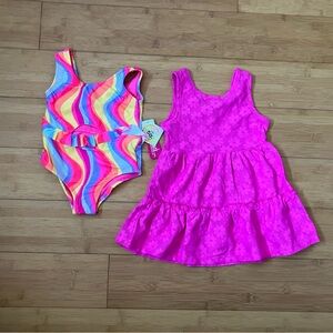 NWT Girls Size 3T Rainbow Stripe One-Piece Swimsuit & Pink Cover-Up Dress Set